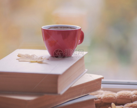 以窗口和秋天为背景的热咖啡图片