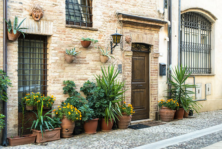 在意大利小街上的旧建筑在意大利小街的狭窄道上在古老房屋前的鲜花背景图片