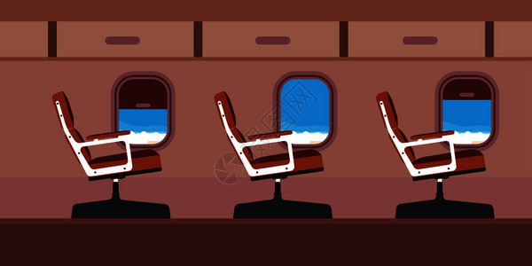 过道边的座位蓝色旅行飞机卡通室内喷气和窗户经济舱沙龙过道的平板