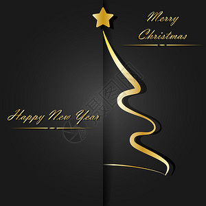 金色的圣诞树轮廓与星和问候信快乐的圣诞节和新年快乐图片