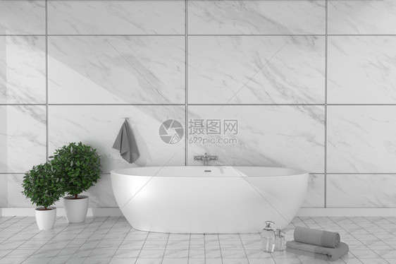 在花岗岩砖壁底的瓷砖地板内浴室缸空白概念图片