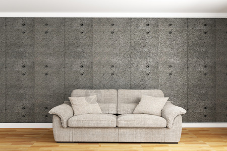 内含沙发的混凝土墙和在木地板上铺有沙发和边板的水泥墙3d图片