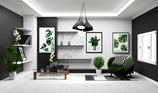 含有沙发和绿色植物的现代热带客厅内装有沙发和绿色植物的内地以白壁和黑墙背景为主的光灯3D图片