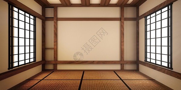 带有塔米垫子设计的日本人空房间3d图片