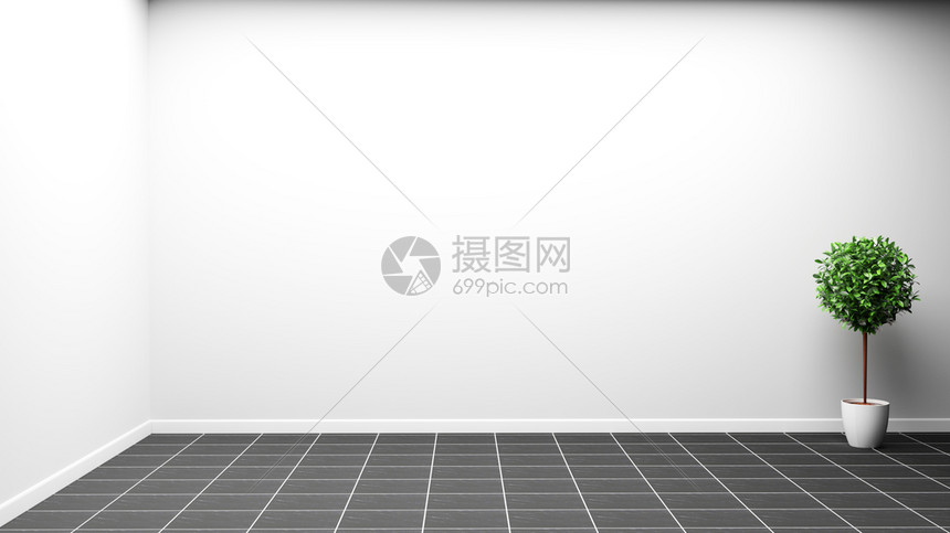 黑色瓷砖上白墙壁的内部设计3d