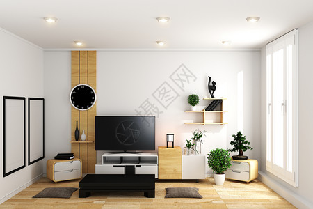 现代白色空房间的智能电视室内最小设计日本风格3D翻譯图片