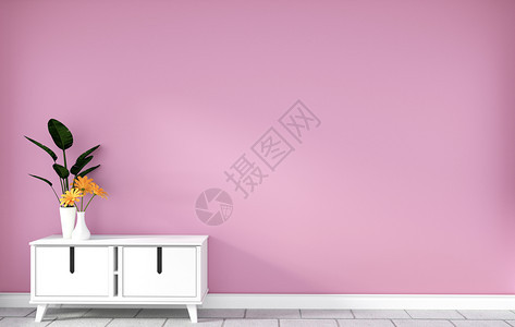 现代粉红色空房间的桌子柜最小设计3D图片