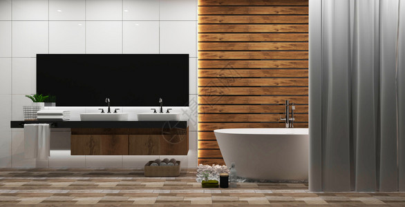 白色瓷砖和木墙壁浴室内圆白缸zen风格3D图片