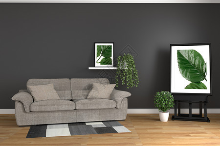 内部有一个沙发和植物位于空白墙背景上3d图片