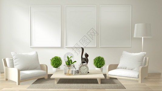 现代客厅室内有沙发和绿色植物日本最低设计图片