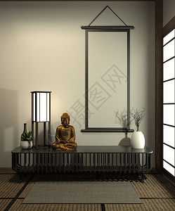 以日本风格专门设计的模拟海报框架以及内阁的装饰3D图片