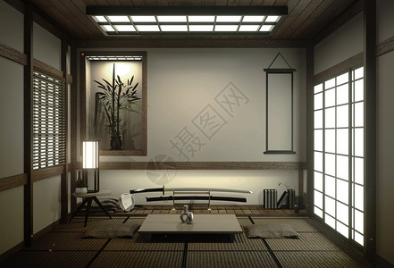 配有塔米垫底和装饰雅潘式的室设计时用日本式的3d图片