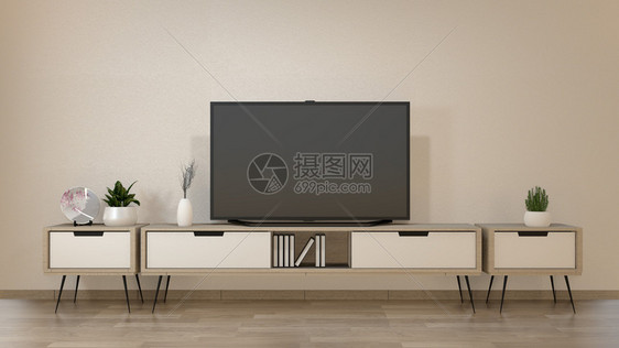 在zen客厅上使用最小节奏风格的智能tv模型3D翻譯图片