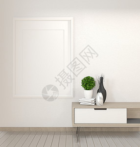 白色墙壁背景的zen客厅的模拟柜子3d翻譯图片