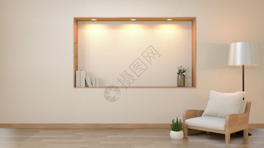 Zen客厅空白壁背景装饰日本雅潘风格设计在架墙上灯光降低3D图片