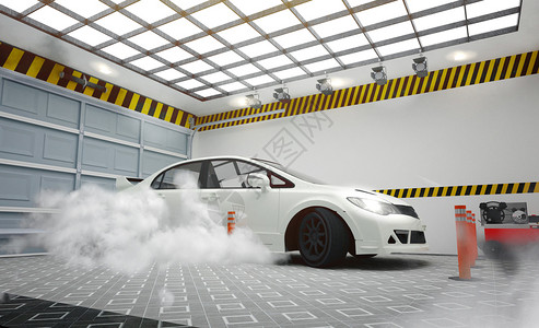 白色汽车和墙壁瓷砖地板设计中的烟雾效应图片