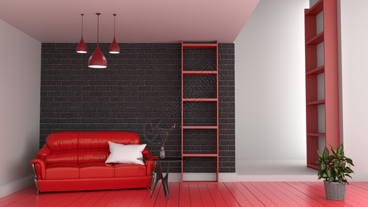 红色小图标现代红内室房带有沙发的客厅和地板黑砖墙3d背景