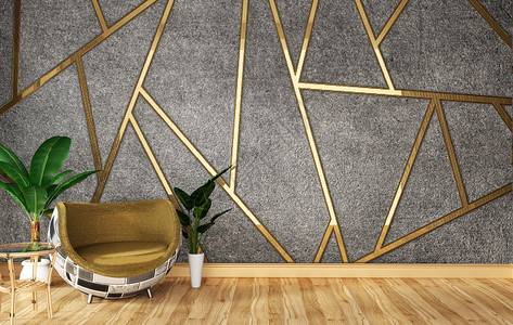 室内阁楼客厅有沙发和绿色植物墙上装有金混凝土背景微量设计3D铸造图片