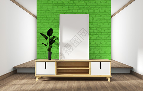 白色木制地板上有绿色砖墙的现代客厅3D图片