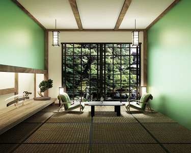 春房配有骨盆树和塔米垫上低桌和窗看春树日本风格3D图片