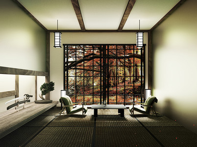 春房配有骨盆树和塔米垫上低桌和窗看春树日本风格3D图片