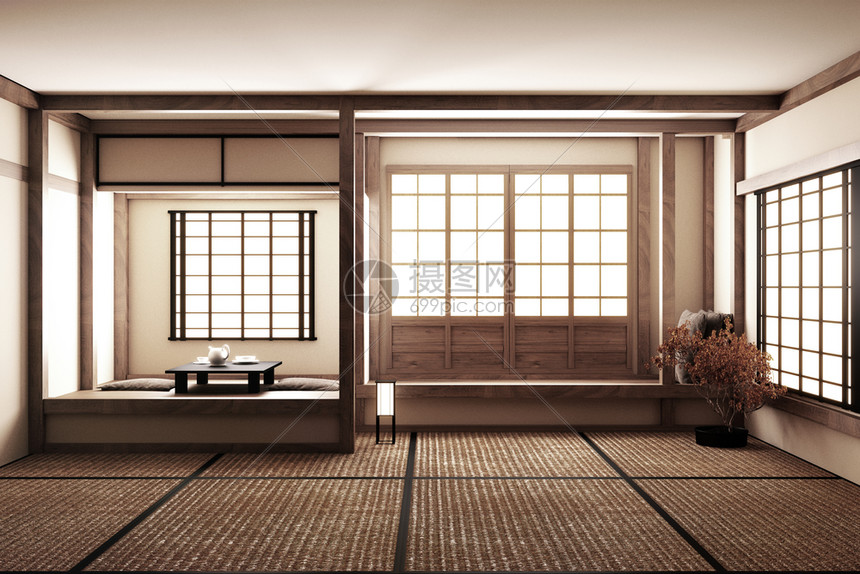 室内设计现代客厅桌子放在日本式的塔米垫地板上图片