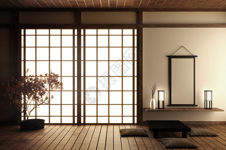 带有木地板和白色墙壁的日本起居室装饰着日本式的3d图片