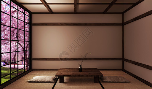 在塔米垫和窗口视图上低桌子的客厅犹太风格的萨库拉树3d重新加热图片