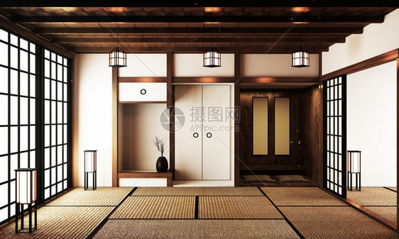 室内设计现代客厅桌子放在日本式的塔米垫地板上图片