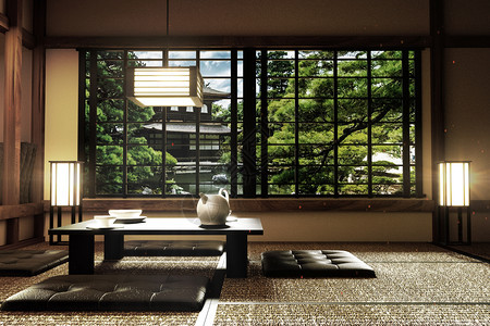 室内设计现代客厅有桌子滑板塔米地日本风格3D图片