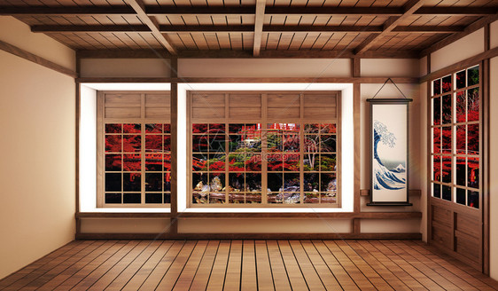 带有装饰日本风格的美丽空房间和查看日本森林3D图片