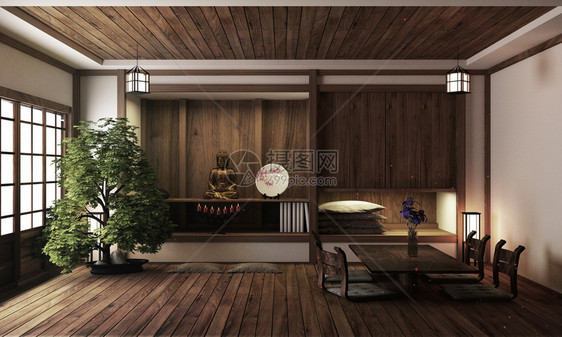 日式房间京都禅宗风格三维渲染图片