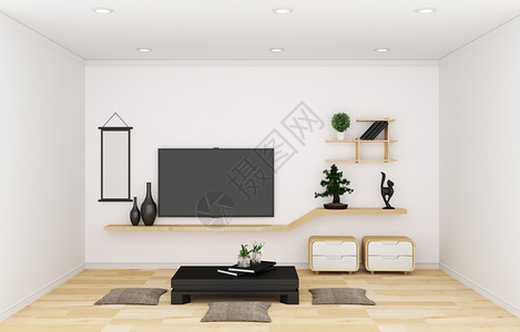 现代白色空房间和装饰日本式的电视3D图片