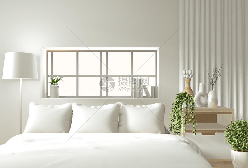 内墙用木制床窗帘和装饰的日本风格在zen卧室的最起码设计中图片