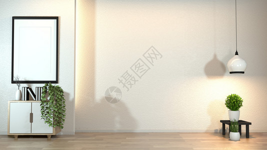 白色墙壁设计上装饰zen风格的现代客厅橱柜内装饰品的白色墙壁设计隐藏着灯光3d图片