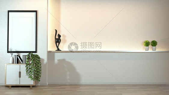 白色墙壁设计上装饰zen风格的现代客厅橱柜内装饰品的白色墙壁设计隐藏着灯光3d图片