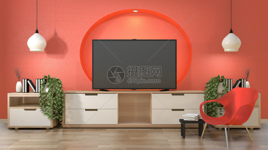 在日本房间的电视装饰着珊瑚颜色的自墙设计隐藏着灯光图片