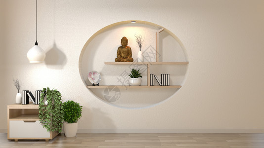 白色墙壁模拟空房在柜子上装书花瓶和植物在架墙设计上装饰日本风格3D图片