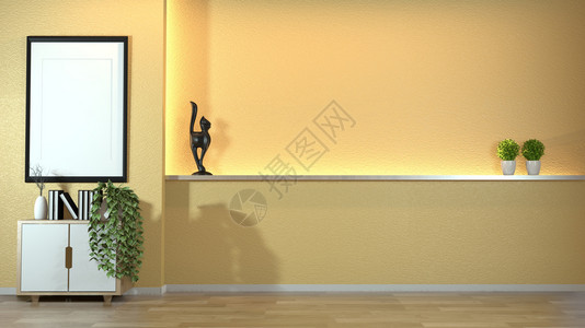 在现代千人客厅的橱柜里黄色墙壁设计上带有十进制的zen风格隐藏着灯光3d图片
