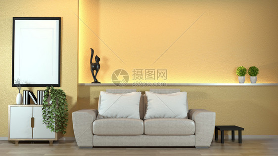 在黄色墙壁设计上有沙发和绿色植物的现代正坚内饰绿色植物挂灯装饰日本风格的黄色墙壁设计隐藏着光亮3D图片