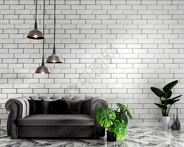 在花岗岩层3d用沙发装饰和白砖墙模拟热带内阁楼图片