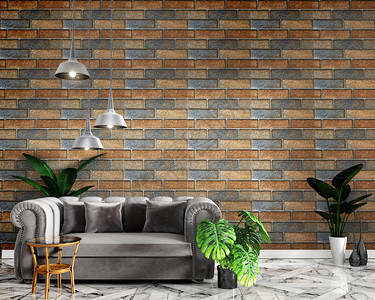 在花岗岩层3d用沙发装饰和砖墙制成的热带内阁楼图片