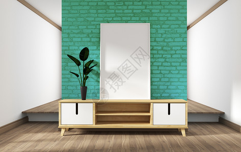 壁橱设计现代客厅白色木地板上有薄砖墙3D图片