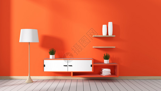 红色现代房间的TV柜子最小设计zen风格3D翻译图片
