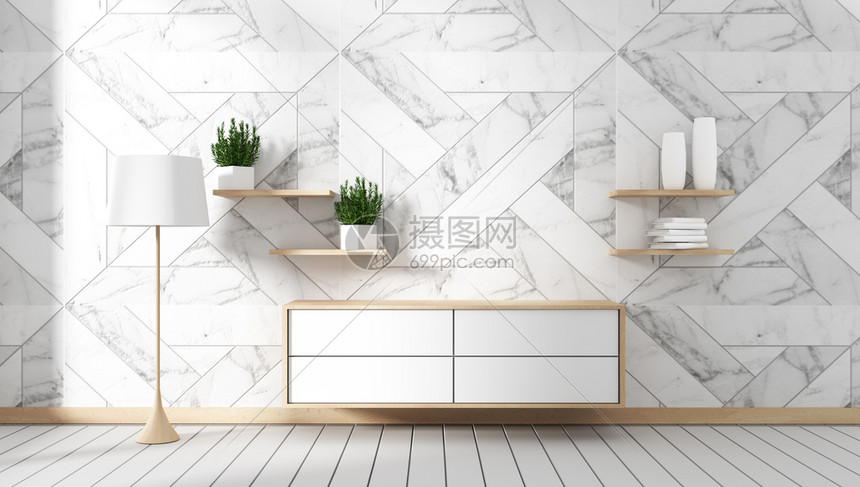 白色木头上内室花岗岩瓷砖的TV柜子最小设计zen风格3D铸造图片