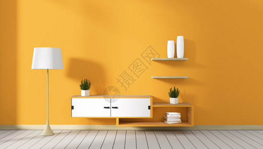 黄色现代房间的TV柜子最小设计zen风格3D背景图片