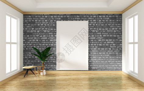 室内装饰植物室内设计空房灰砖墙和木地板模拟背景