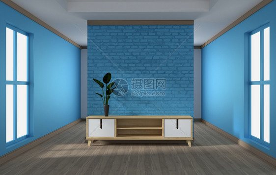 白色木地板上蓝色砖墙的现代客厅图片