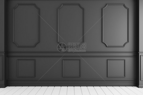 白色木地板上黑墙壁的空豪华房内3D图片