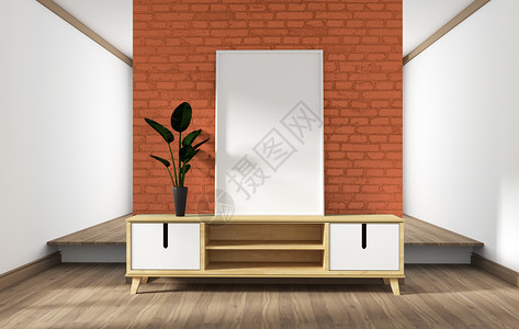 白色木地板上有橙砖墙的现代客厅室内柜设计3D图片